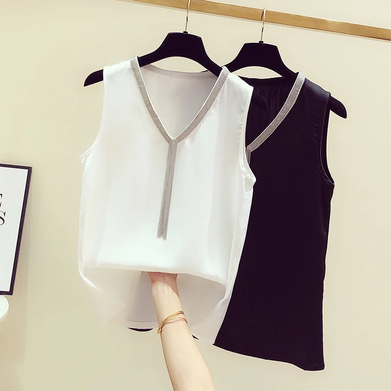 Baju Tanpa Lengan Wanita Musim Panas Baru Korea Temperamen Cairan Rantai Jahitan V Kerah Tanpa Lengan Blus Wanita Santai Mujer Blus Dan Kemeja Aliexpress