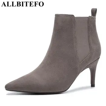 

ALLBITEFO natural genuine leather warm winter women boots brand fashion high heels ankle boots winter girls motorcycle boots