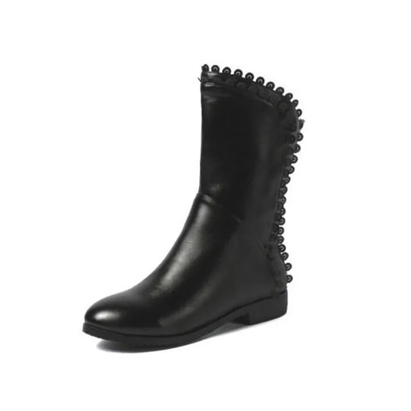 DRFARGO/обувь из натуральной кожи женские весенне-зимние ботинки белого цвета черные ботинки до середины икры на плоской подошве обувь на шнуровке с молнией сзади; размеры 34-39 - Цвет: 125777 black