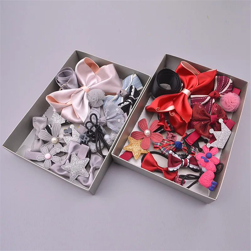 1 Set(17pcs) Mix Style Girls Hair Bows Kits with Full Covered Clips Hairclips Ties Crown Kids' Accessories | Детская одежда и