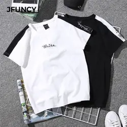 JFUNCY 2019 Новая женская футболка Корейская версия Гладкий минималистский стиль шить вышивка женские футболки пара костюм