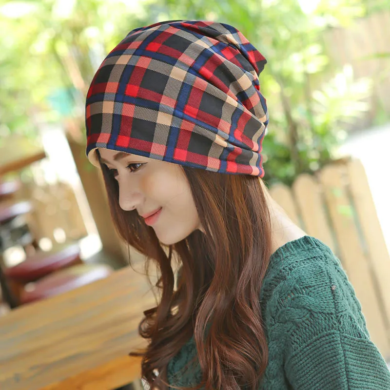 

basic style skullies for women cotton with Cashmere very warm hat plaid casual girls hats fashion daily wear