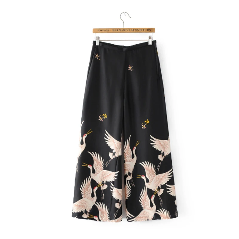 2019 New Women Palazzo Vintage Clothing Sets Crane Printed Blazer Wide Leg Retro Pant Female Bird Printed Outfit Pant Suits