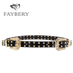 2019 New Punk Style PU Leather Women Rivet Belts for Woman Vintage Retro Dress Belt Fashion Floral Double Pin Buckle Waist Belt