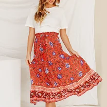 Women Casual Bohemian Floral Print Skirt High Waist midi long Skirt Holiday Beach Skirt Summer Autumn Large Swing A line Skirt dark blue midi a line skirt in red floral print