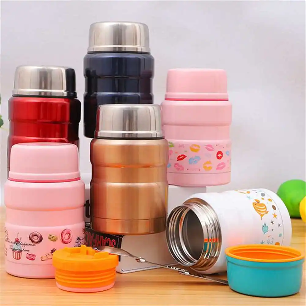 

500ML 304 Stainless Steel Food Braised Beaker Cans Outdoor Portable Cartoon Thermos Cup With Spoon NEW 2019