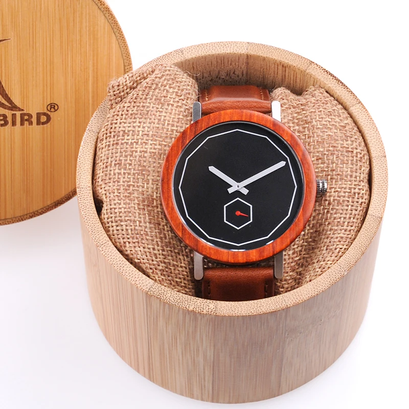 BOBO BIRD Mens Watches Unique Handmade Wood Quartz Wristwatches Male Metal back cover Leather strap in Gift wood Box Custom logo