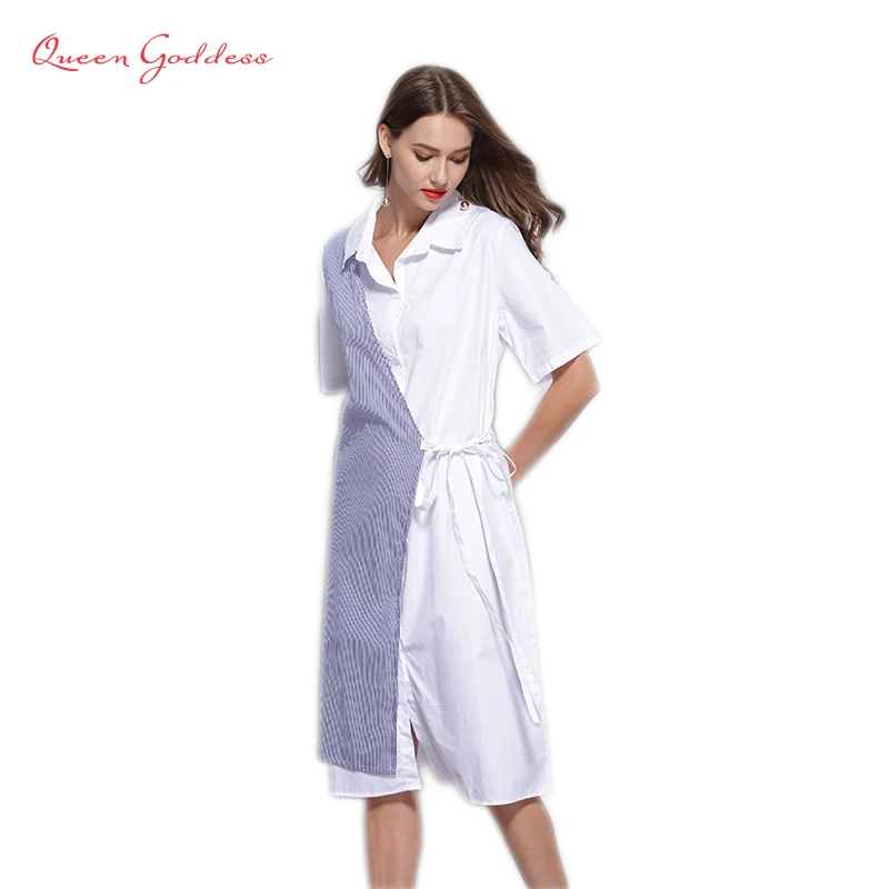

2018 Summer and Spring White and Blue color elegant simple style office lady wear loose type women dress slim mixed colour