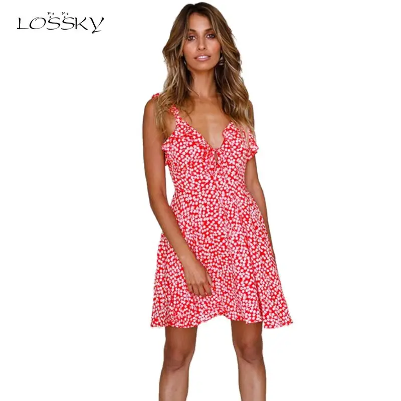 Spaghetti Strap V Neck Backless Printed Sleeveless Casual Dresses