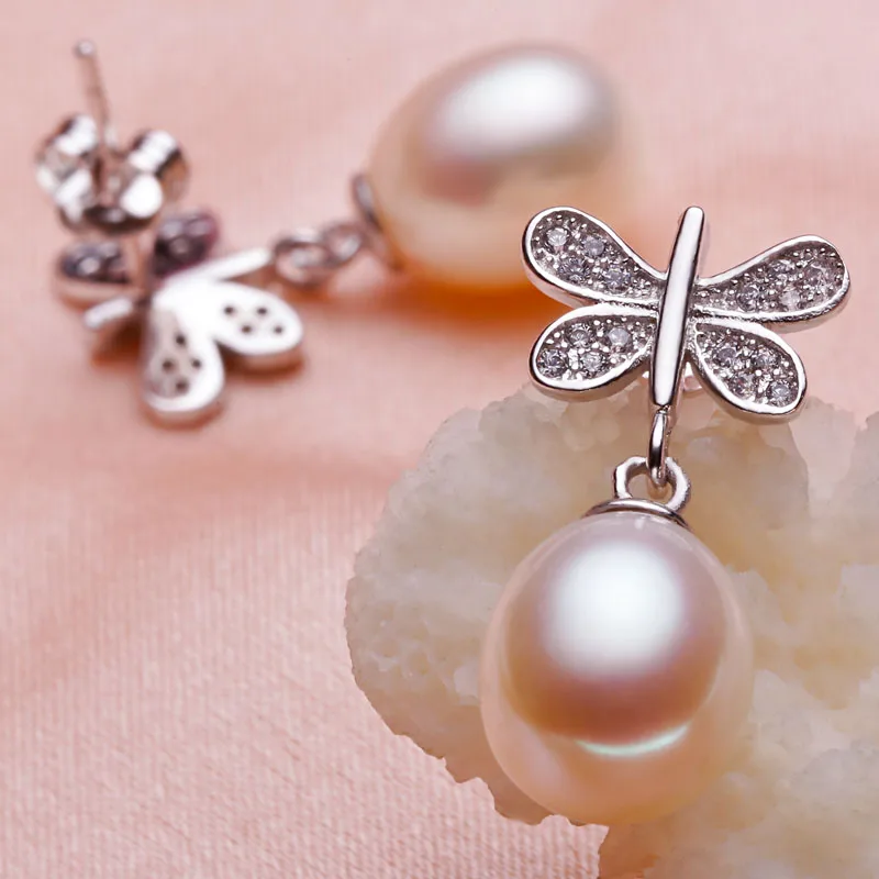

925 silver real natural big [bright pearl] natural pearl earrings, 925 Silver Freshwater Pearl Earrings, new butterfly models