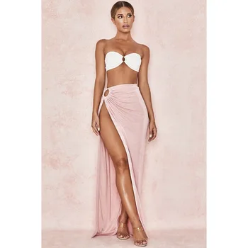 

KLEEZY Celebrity Evening Party New Summer Women 2 Piece Set Vestidos Verano Strapless Slit Skirt Sets BY1070