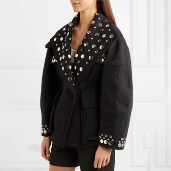 

New fund of 2018 autumn winters tooling rivets jacket Big lapel female waist long-sleeved women's coat