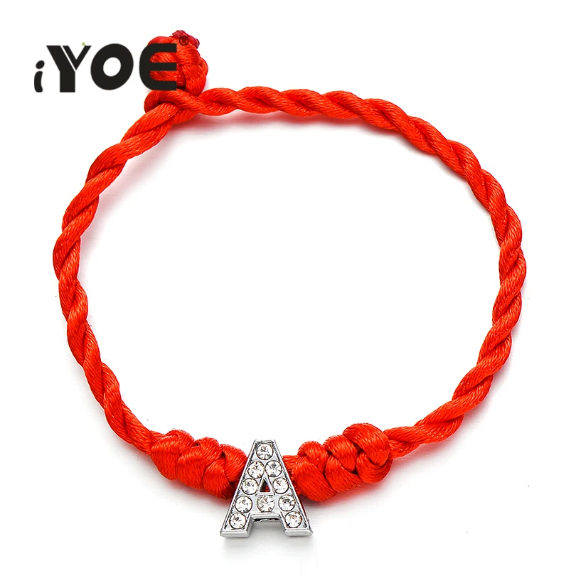 

IYOE Silver Color Crystal Initial Letter Name Bracelet For Women Men Handmade Alphabet Lucky Red String Rope Charm Bracelets