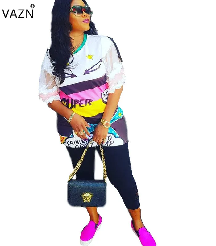 

VAZN 2019 summer special lady white print long T shirt short cascading ruffles sleeve O-neck T shirt lady casual T shirt QZX6049