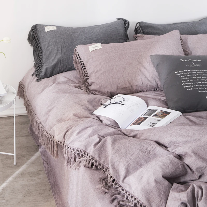 Vintage Tassel European Simple Bedding Set Wrinkle Delicate Fringed Edges Duvet Cover Pillowcase
