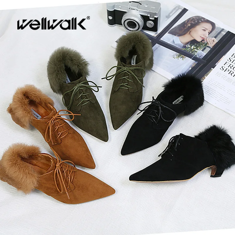

Party Shoes Ladies Fur Pumps Pointed Toe Office Shoes Winter Dress Pumps Low Cut Boots Furry Moccasin Women Lolita Shoes