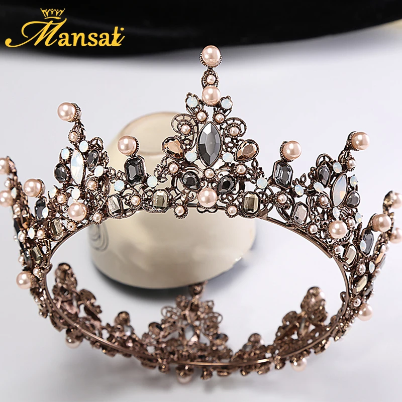 Vintage Baroque Large Tiara Bridal Crown Imitation Pearls Royal Diadems Full Round European Wedding Tiaras Bronze Black Crowns | Украшения