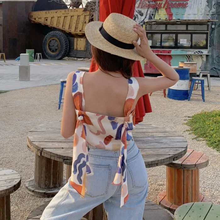summer new casual crop tops Tied belt spaghetti strap fashion brand Korean style Women's Clothing Tanks Camis high quality modis