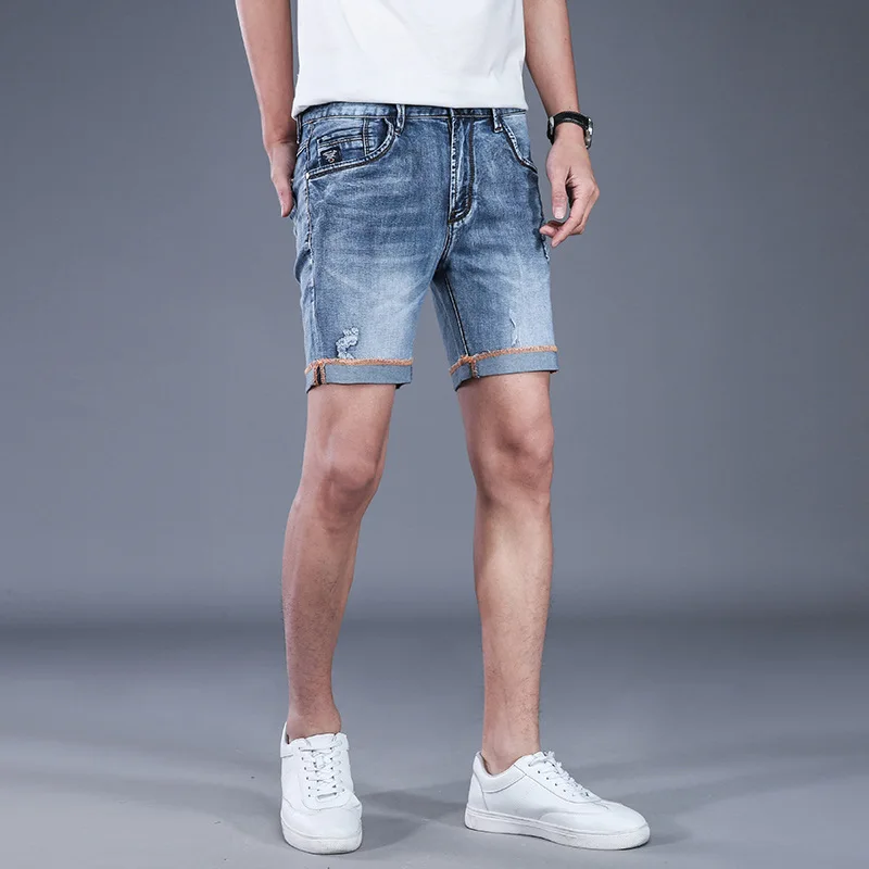 

Mens Breathable High Stretch Denim Shorts Male Summer Ripped Hole Casual Jeans Shorts Distressed Straight Short AA11492