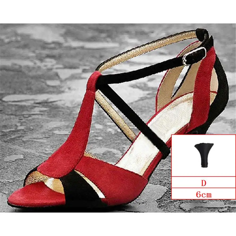 Женская обувь для латинских танцев из нубука, красный и черный цвет, стиль, 4,5-8,5 см, обувь для танцев на каблуке, JYG957 - Цвет: D