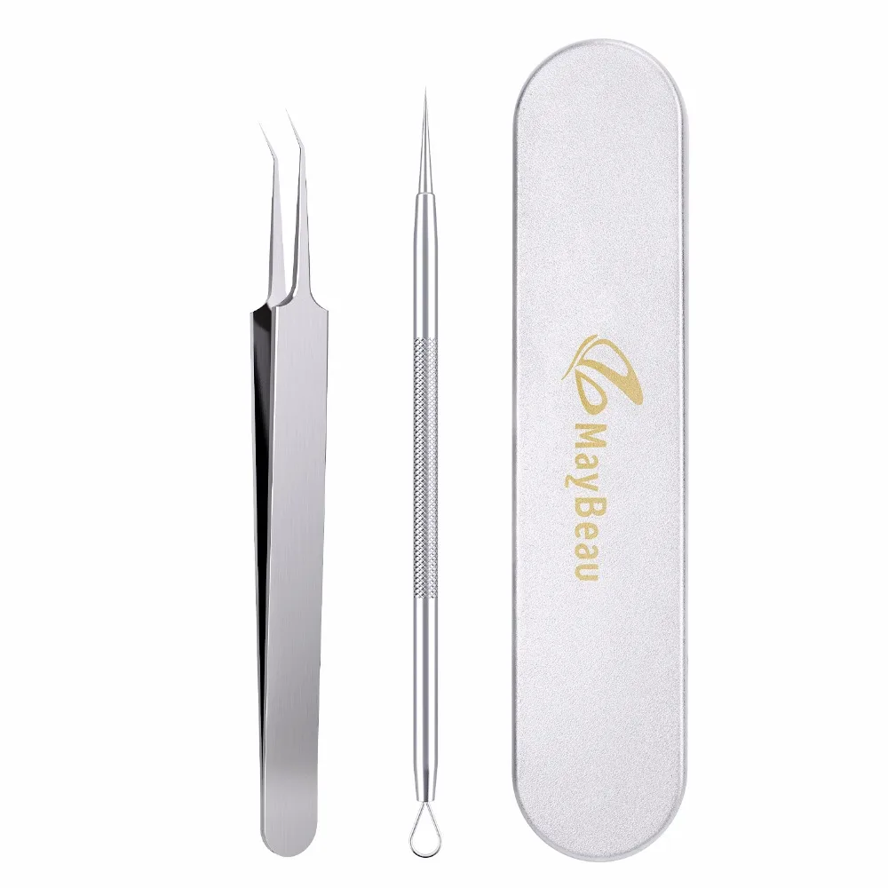 

BESTOPE 2pcs Acne Tweezers with Metal Case Blemish Pimple Comedone Blackhead Extractor Needles Tool Set