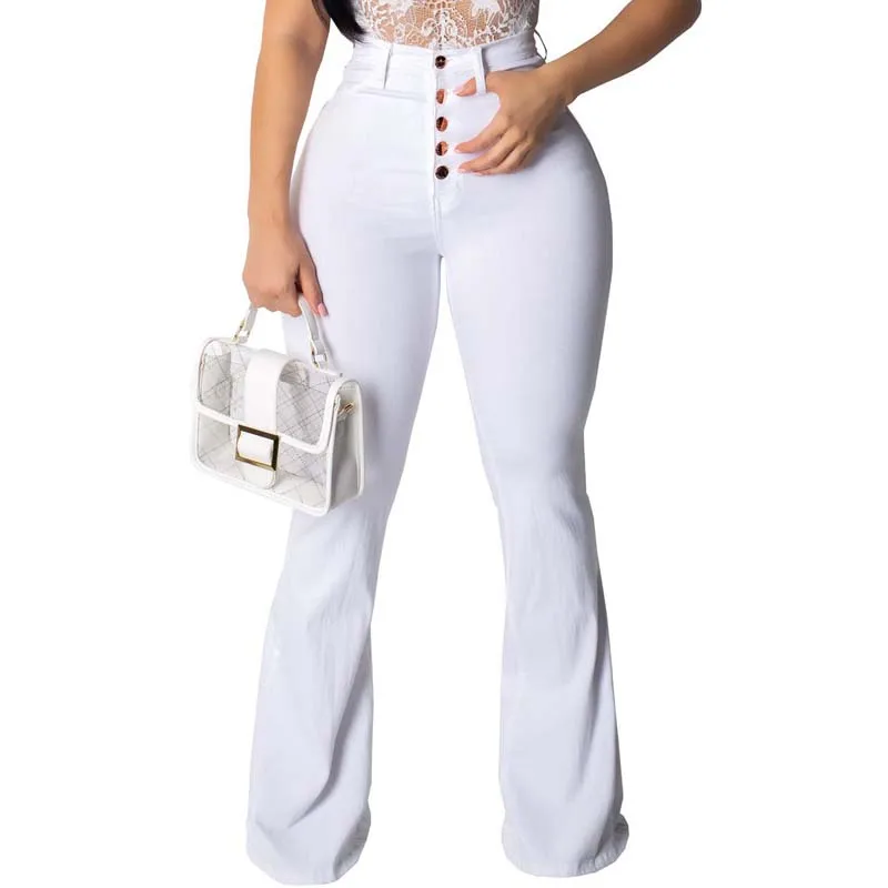 

Fashion White Wide Leg Pants Sexy Slim Jeans Women Mom High Waist Skinny Jeans Solid Bell Bottom Jeans S-2XL
