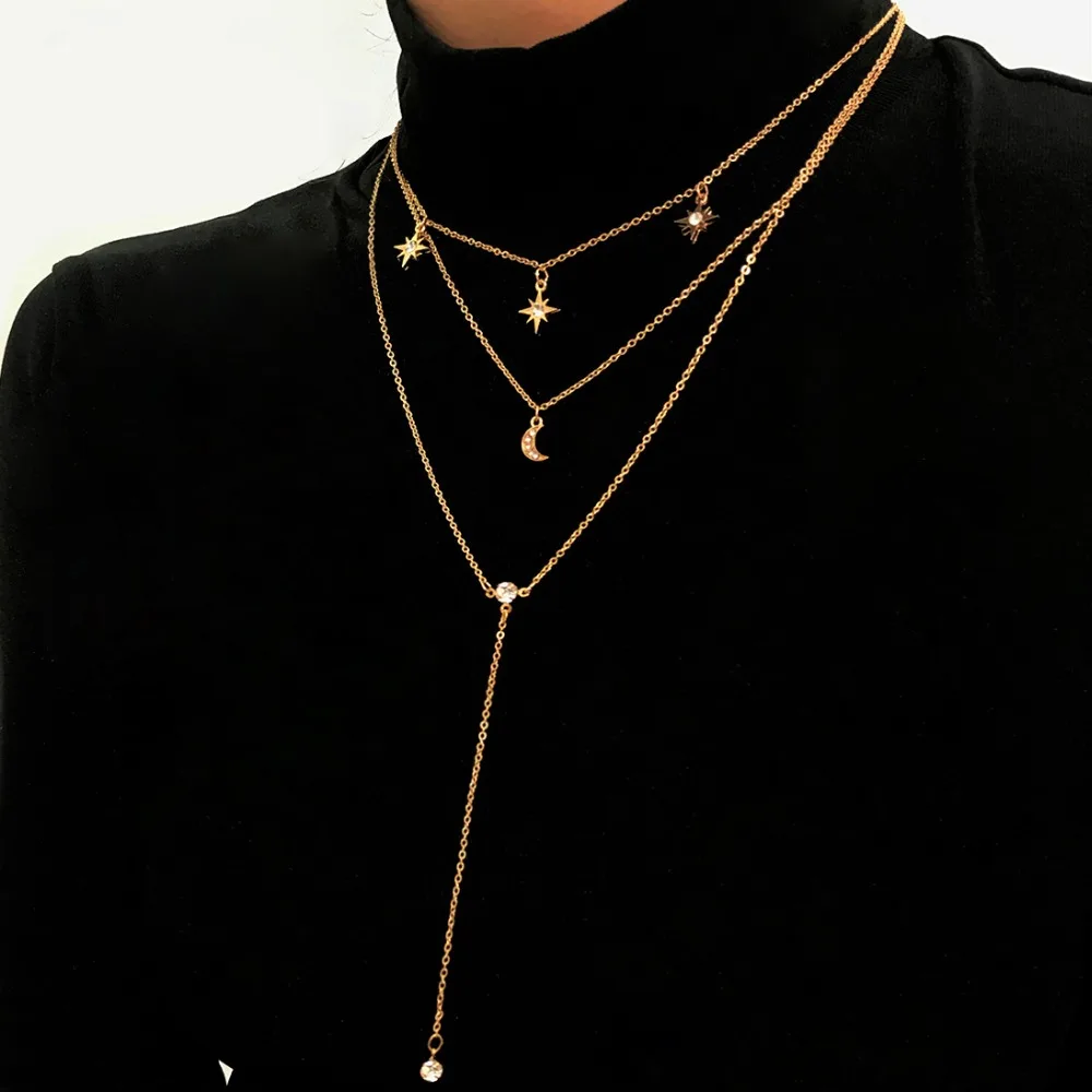 

Fashion Statement Necklace Gold Star Moon Multilayer Long Chain Pendant Choker Necklace Valentine's Day Gift For Women Jewelry