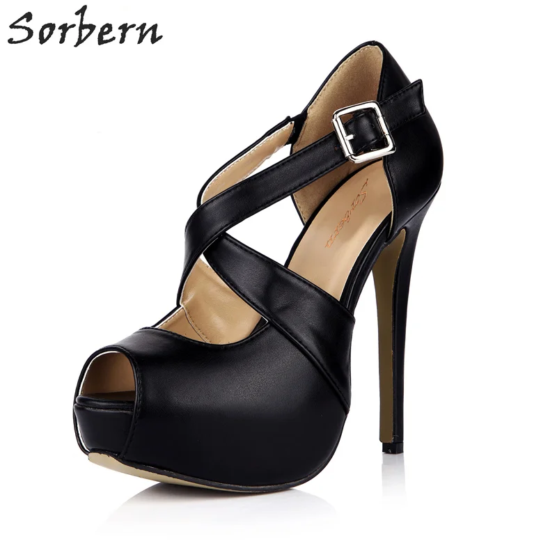 forme Sorbern Talon Celebrity Plate Peep Talons Chaussures Boucles Femmes Dames Hauts Haute Pompes Toe Parti Sangles Color custom Noir Croisées Yx78qpnwYr