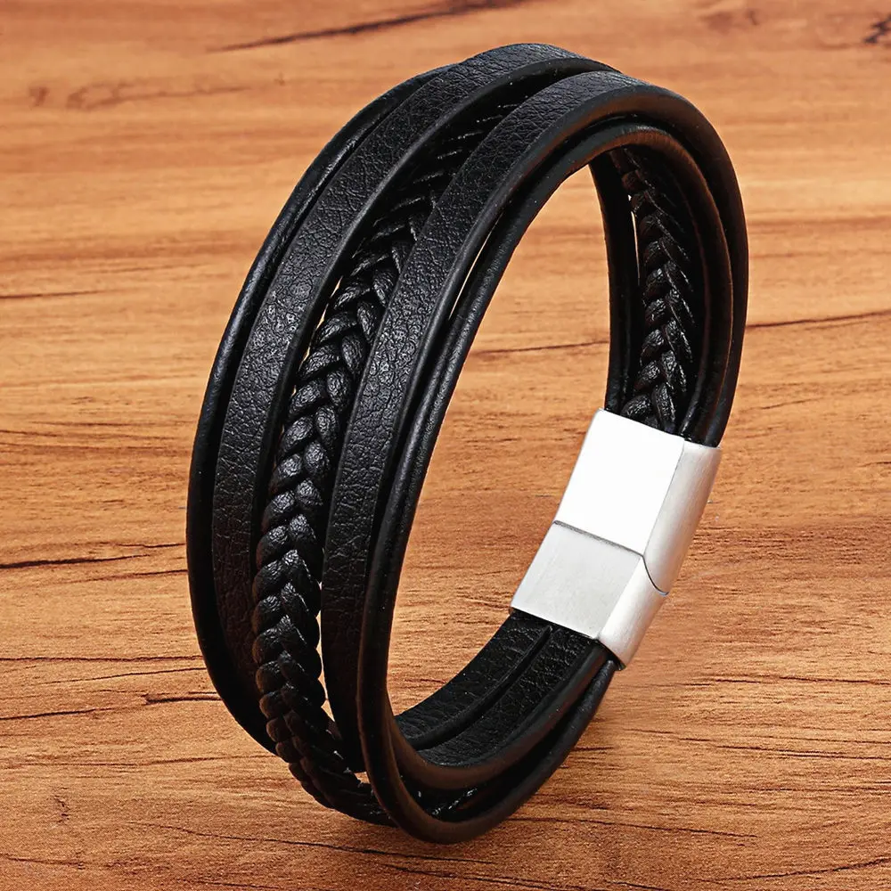 Stainless Steel Top Quality Jewelry Male Black/Brwon Leather Bracelet Men Braided Multilayer Fashion Punk Wholesale