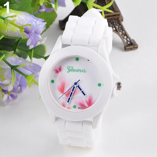 

2015 New Newest Women's Geneva Flowers Printed White Silicone Band Analog Quartz Wrist Watch 5ETY