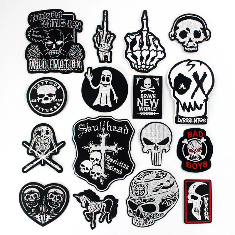 

Skull Patches Hot Ironing Punk Skeleton Clothes Badges Embroidered Sticker Appliques for Jeans Jacket Sewing Supplies