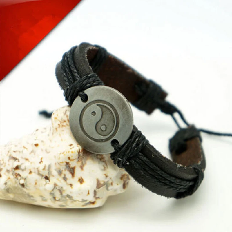 Charms Unisex Leather Bracelet Shellhard Punk Handmade Braided Wristband Yin Yang Bracelets & Bangles For Women Men Jewellery