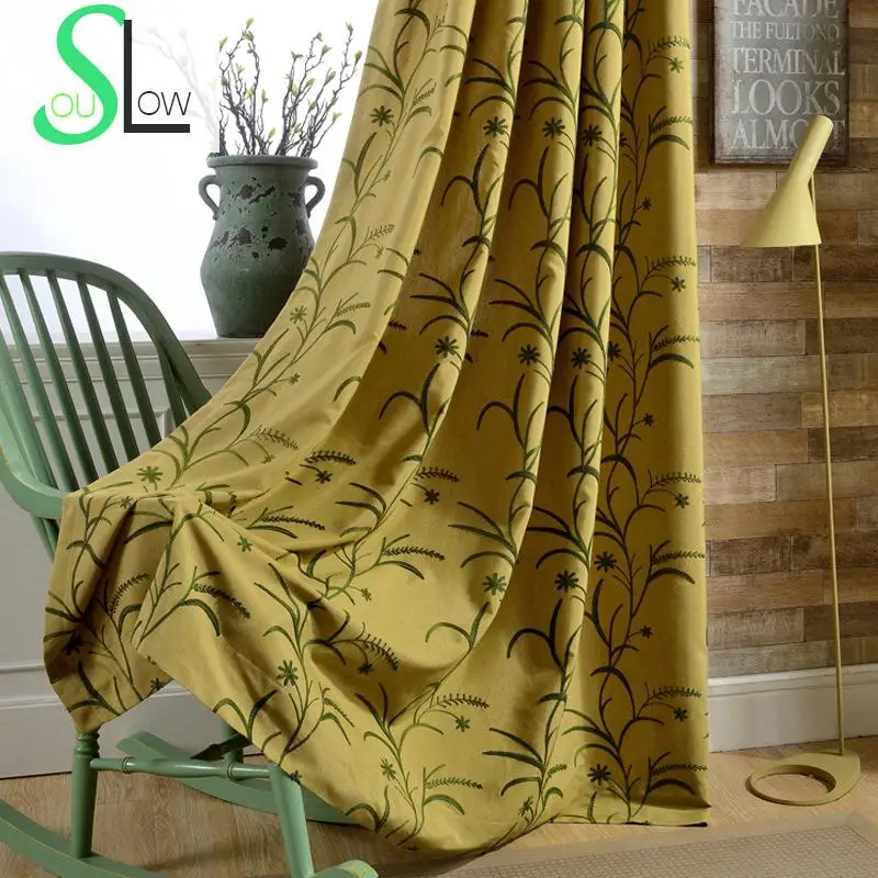 Занавески с вышивкой Slow Soul желтые синие хлопковые занавески в виде листьев