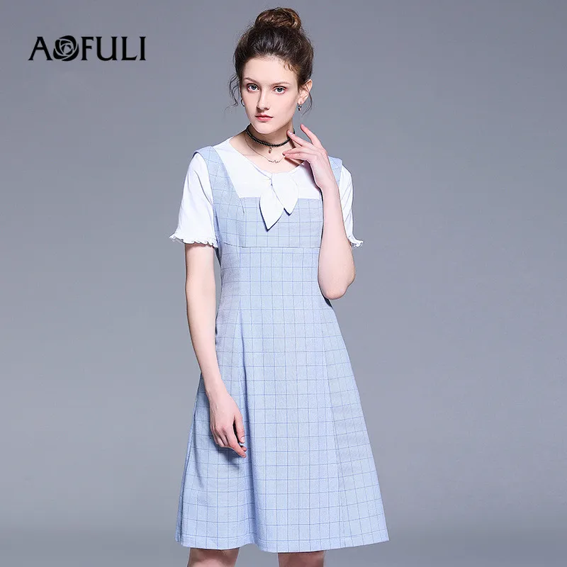 

AOFULI Brand Summer Dress Plus size L- XXXXL 5XL 2019 Women Sleeveless Preppy style Plaid Suspender Dresses