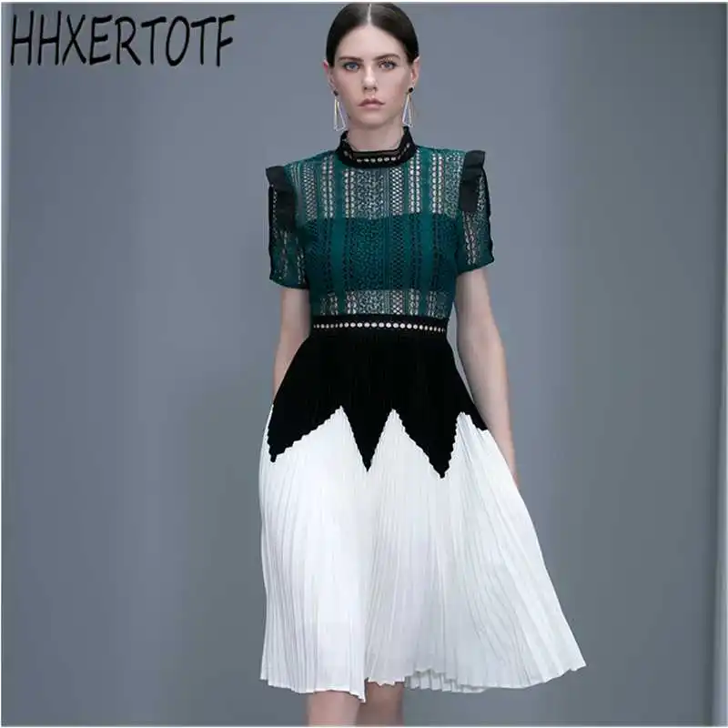 

Self-Portrait Women Dress 2019 Summer Sexy See Through O neck Short Sleeve Hollow Out Green Lace Patchwork Pleated Dress
