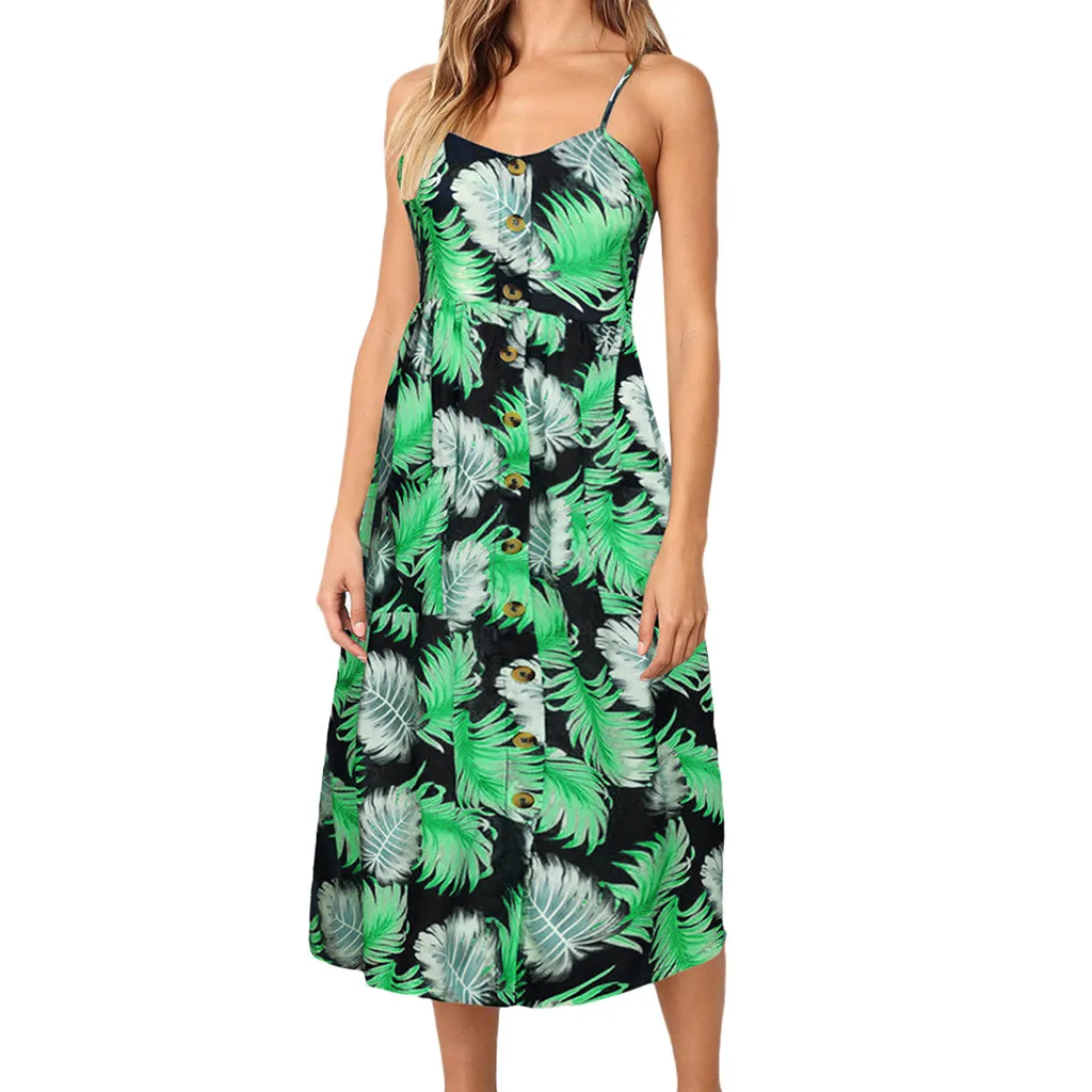

FREE OSTRICH Women Dress Fresh Leaf Pattern Button Down Swing Mid-Calf Green O-Neck Fashionable Trend Elegant Summer Long Dress