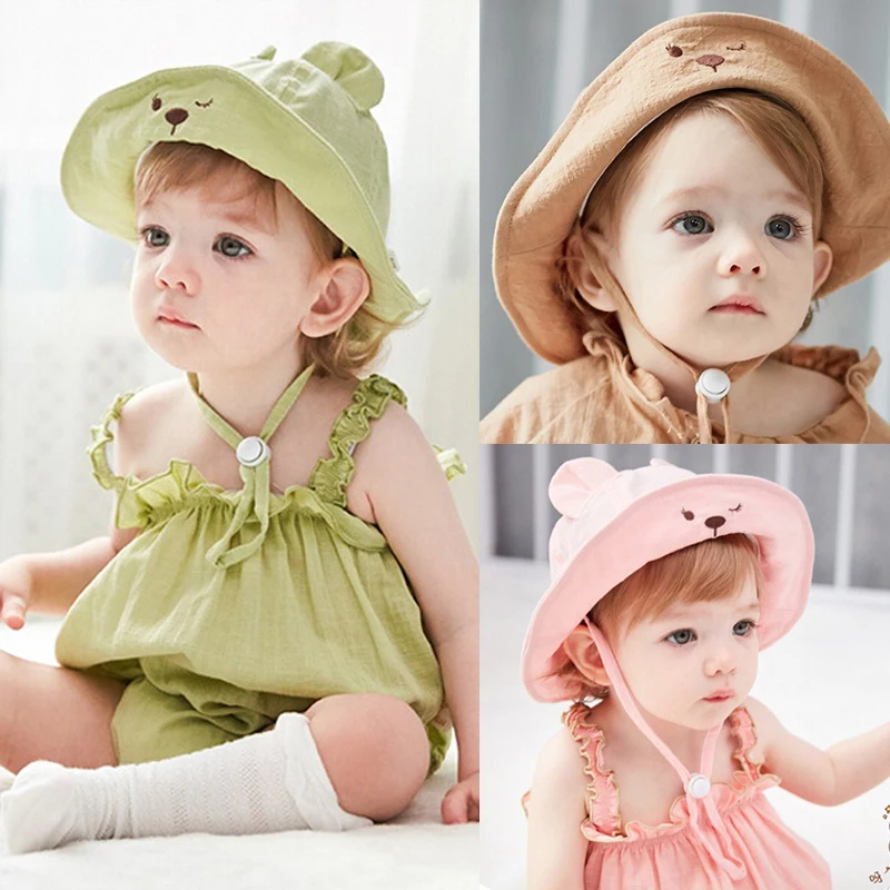 Детские летние аксессуары для новорожденных девочек и мальчиков, детские шапки с ушками, принцесса, Младенческая Цветочная солнцезащитная Кепка, хлопок, ведро, медведь, шапка