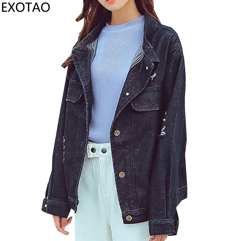 EXOTAO Harajuku черные рваные джинсовые куртки для женщин большие размеры свободные