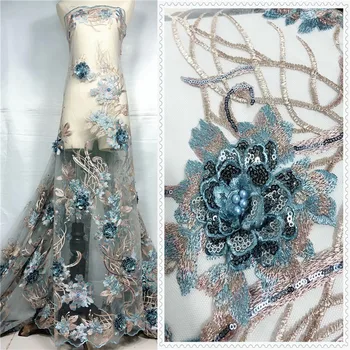 

ZF86 Turquoise blue Appliqued flower French mesh Lace Fabric ,high class 3D African Tulle Lace with sequins for evening dress