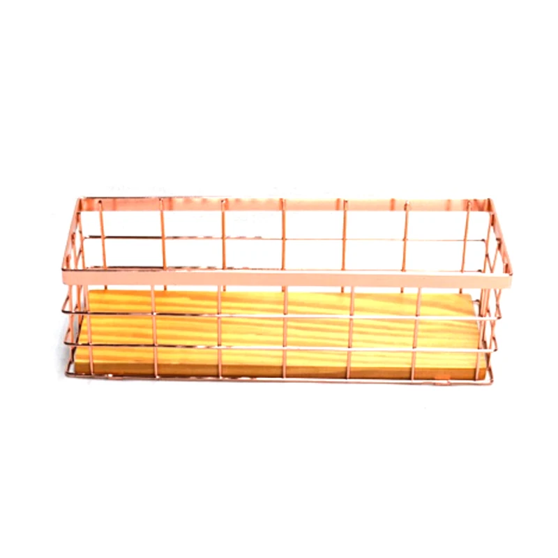 Rose Golden Office School Supplies Desk Accessories Organizer Small File Tray Iron Holder Mesh Wire with Wood Bottom