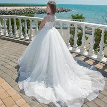 Винтаж белое, цвета слоновой кости кружево девочек Платье для первого причастия с длинным рукавом для девочек в цветочек платья бальное платье Дети Театрализованное платье Размеры От 2 до 14 лет