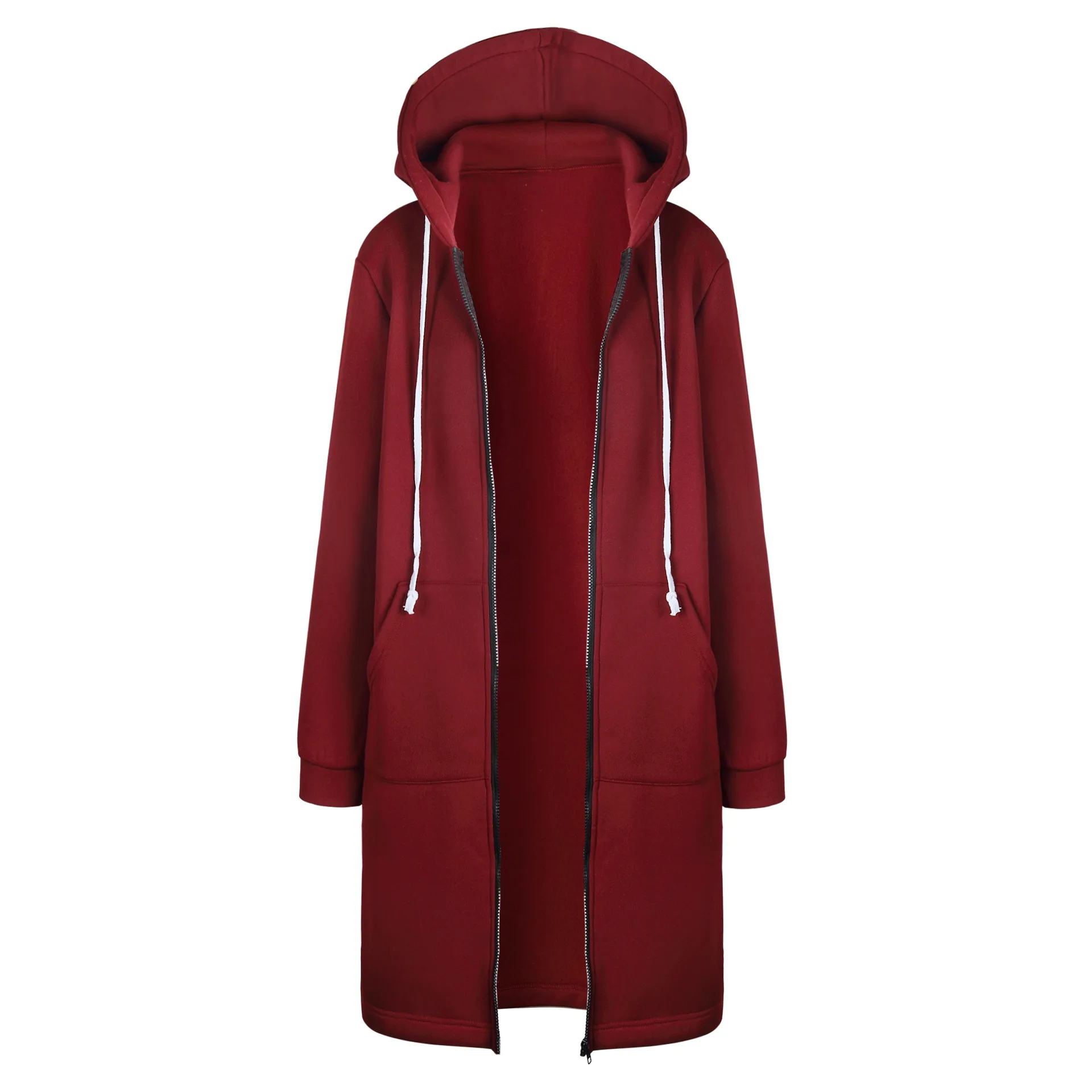Женское длинное пальто большого размера, Осень-зима, куртка на молнии с капюшоном, Повседневная ветровка, Женский Черный Серый кардиган, верхняя одежда 5XL - Цвет: Бургундия