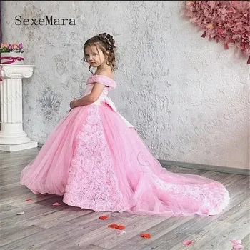 

Newest Flower Girl Dress With Sweep Train Off Shoulders Backless Pink Princess Dress For Wedding Girls Parties Vestidos