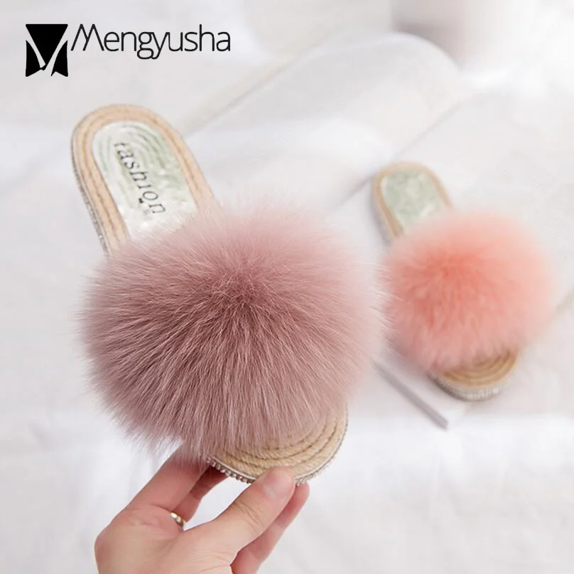 

100% real fur flip flops sweet pink fox fur slippers women famous design crystal chain sandals straw espadrilles shoes womanc482