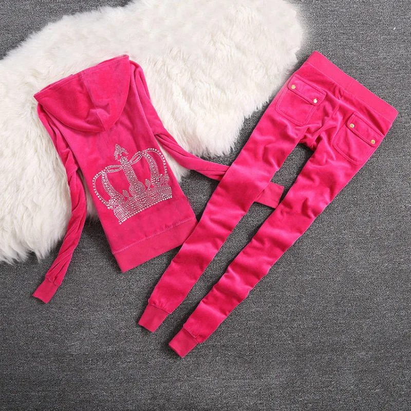 

2019 Spring Women Tracksuits 10 Colors Crowne Pattern Embroidery Velvet Suit Women's Clothing moleton feminino black