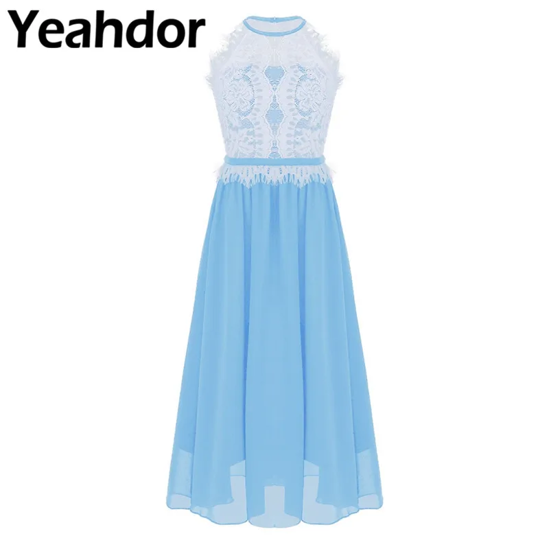 

Kids Girls Sleeveless Halter Neck Floral Lace Button Closure Princess Flower Girl Dress Pageant Wedding Birthday Formal Dress