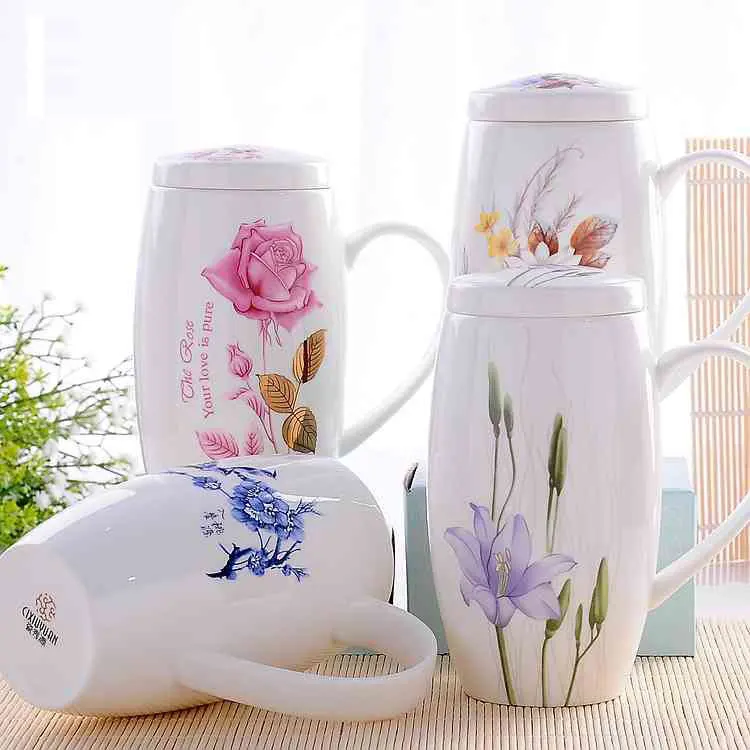 Creative Bone China Cup Mug Large Capacity With Lid Lovers Cup Ceramic Cup Milk Mugs Green Safety And Health Free Shipping