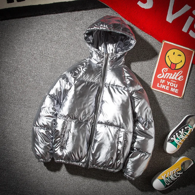 Silver Bright Jacket Coat man Winter Warm Thick Down Cotton Padded Short Parkas Bread Style Fashion Men's Bomber Hooded Outwear 
