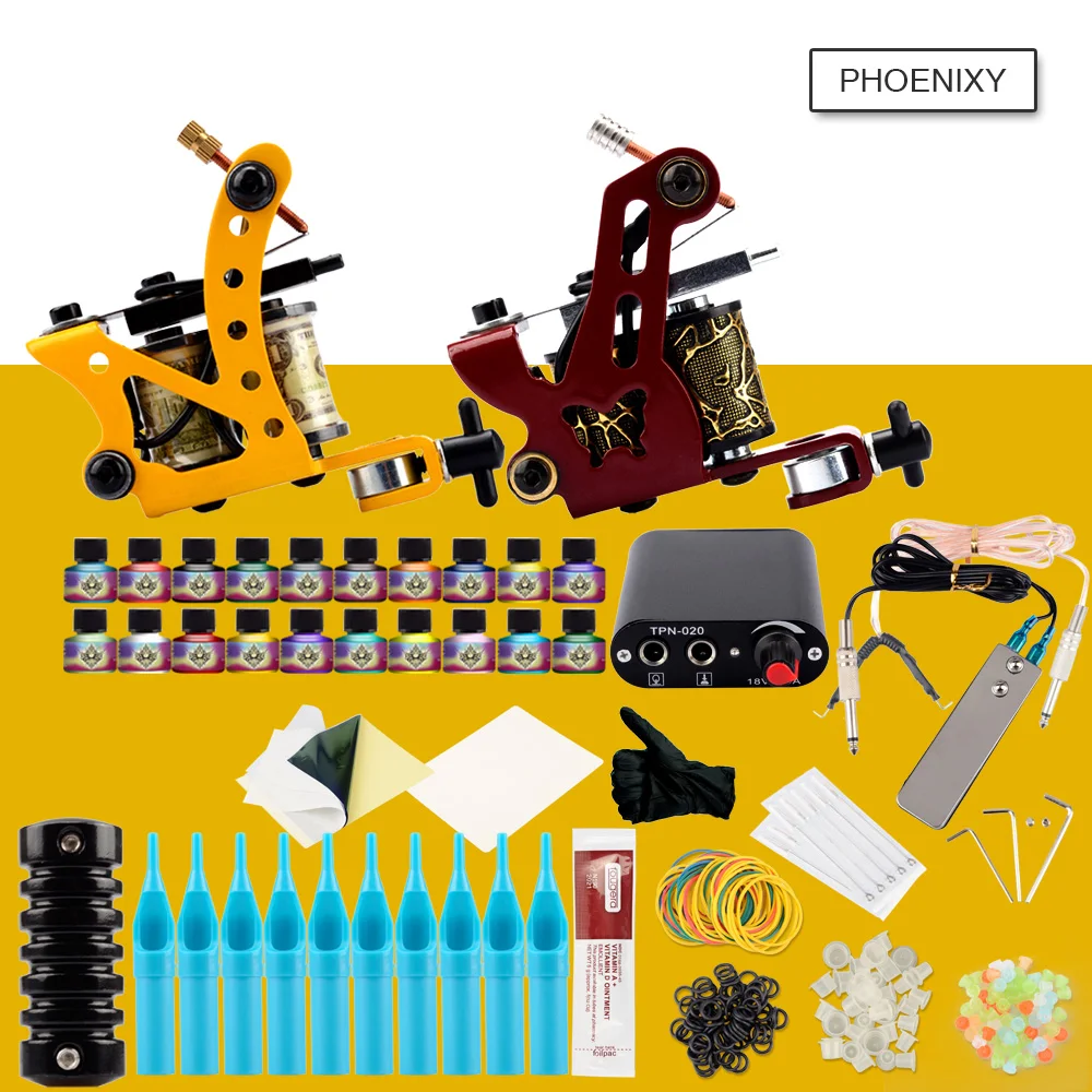 

Professional Tattoo Kit 2Pcs Tattoo Machine Set 20 Colors Tattoo Ink Set Grip Needles Tattoo Machine Permanent Make Up Kit Set
