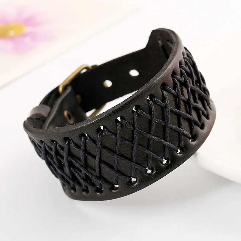 

Fashion Belt Buckle Bracelet Men Jewelry Leather Rope Braided Woven Wide Bracelets Adjustable Buckles Wristband Wholesale